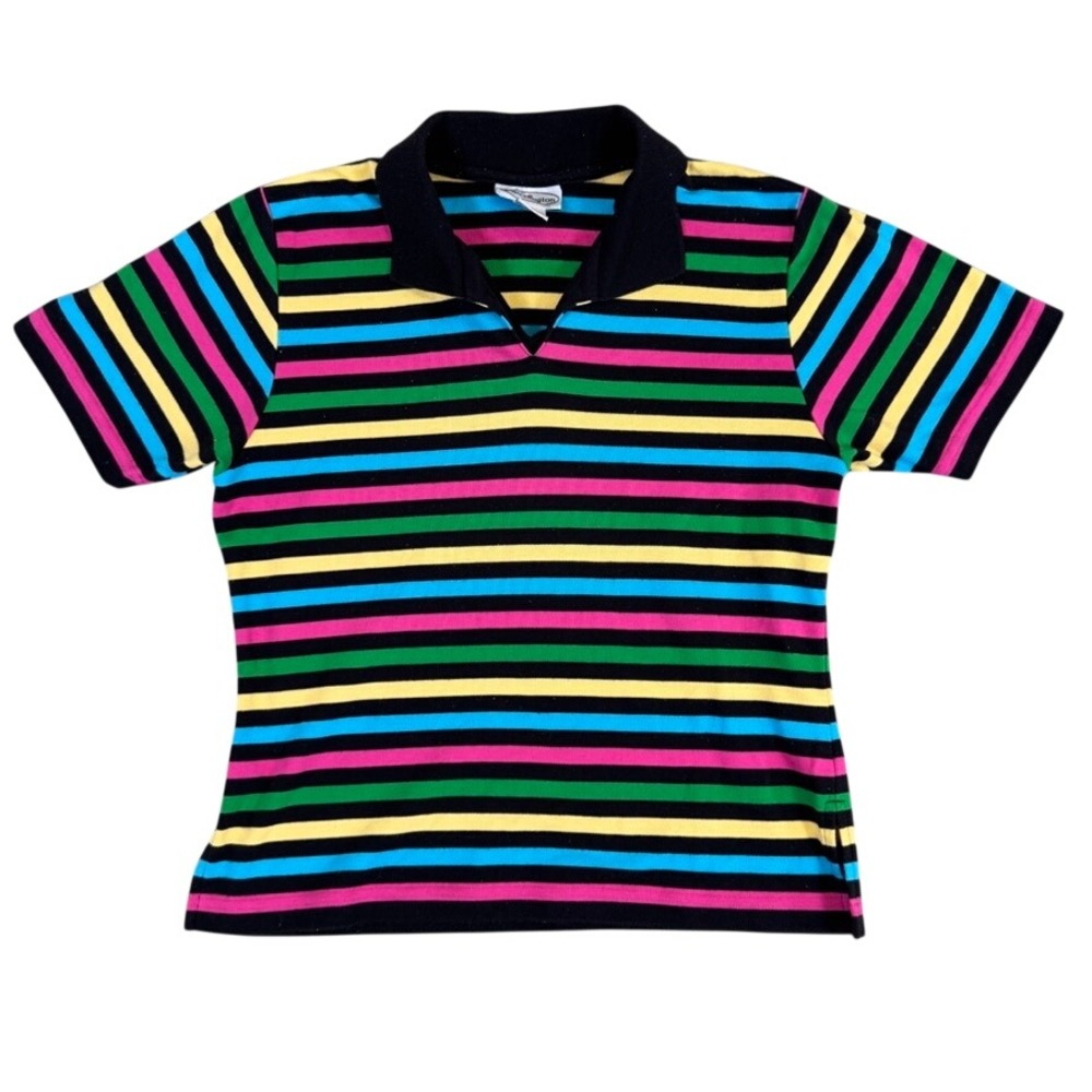 Patchington Vintage Multi Color Striped Polo Shirt Womens Small Black Retro 90s